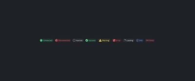 A row of StatusChip components showing the full status vocabulary: Connected, Disconnected, Inactive, Success, Warning, Error, Loading, Info and OnAir, each with its own icon and colour