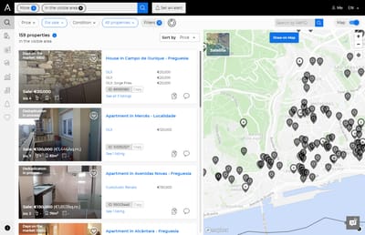 A antiga interface de pesquisa, com o botão de Filtros que, ao ser clicado, substituía toda a lista de imóveis pela lista de filtros em vez de mostrar as duas ao mesmo tempo.