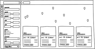 Versão digital e mais limpa do wireframe em papel, arrumada para partilhar as primeiras ideias com a equipa de produto.