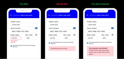 Checkout form showing a specific, clearly worded payment error message next to the field that failed