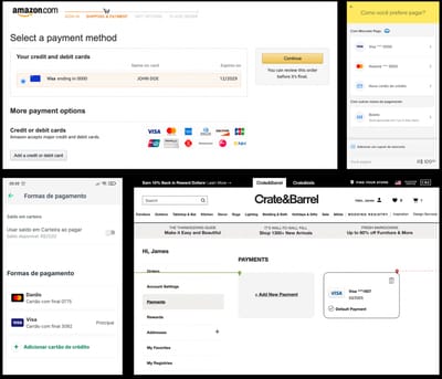 Saved-card selection screens from Amazon, Mercado Livre, PicPay and Crate&Barrel shown side by side